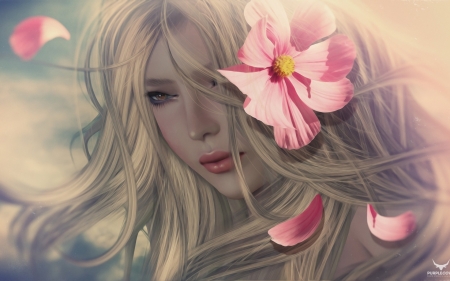 Beauty - woman, rendering, girl, fantasy, face, luminos, pink, flower, blonde