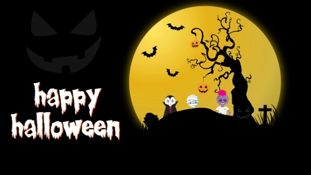 Happy Halloween - moon, graveyard, cemetery, bats, tombstone, monster, vampire, gravestone, cross, happy halloween, jack o lanterns, halloween, pumpkins, mummy, tree