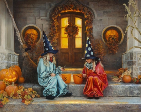 Halloween Sweetness - costume, painting, pumpkins, children, artwork, door, hats