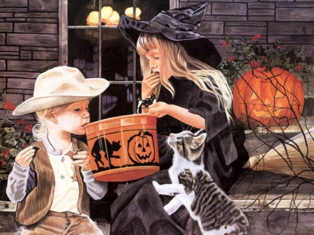 Beautiful Halloween - cat, children, pumpkin, artwork