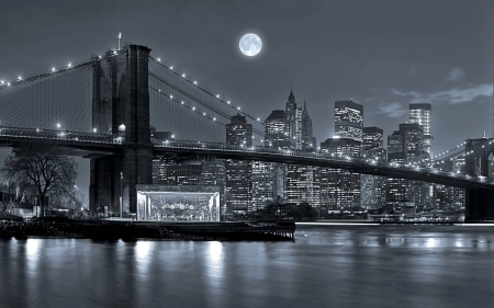 full moon over New York - moon, fun, skyscraper, cool, river, architecture, bridge