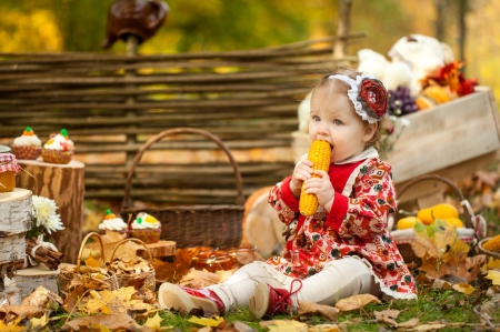 Little girl - autumn, cupcake, girl, copil, child, yellow, corn, dessert, sweet, food, little