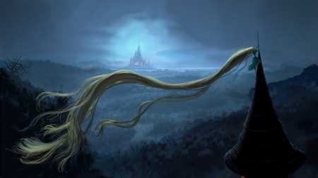 Rapunzel - rapunzel, blonde, dark, girl, blue, art, fantasy, hair, luminos