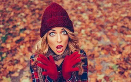 OMG! - woman, autumn, girl, hat, scared, funny face, gloves, model, hand, red