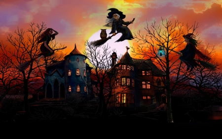 The Witching Hour - autumn, sky, trees, fantasy, creative pre-made, moons, happy halloween, painting, halloween, fall, lantern, evening, artwork, digital art, holiday, owl, moon, brooms, houses, hauted houses, flying, love four seasons, broom, weird things people wear, witches, lights