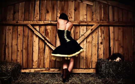 Cowgirl In The Barn.. - style, girls, western, women, models, ranch, dress, brunettes, cowgirl, fun, female, barn, boots, fashion