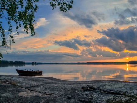 Beautiful Sunset - clouds, trees, sunset, nature, boat, evening, lake