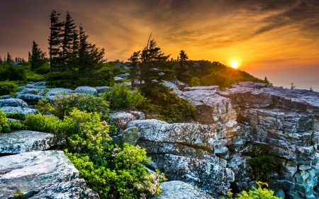 Sunset Over The Mountain - trees, sunset, nature, mountain, rocks, sky