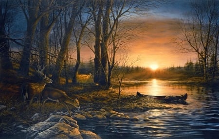 Sunrise of Fall - attractions in dreams, paintings, sunrise, fall season, tent, forests, nature, autumn, deer, lakes, love four seasons, canoe