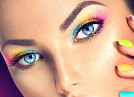 Eyes - face, anna subbotina, yellow, pink, eyes, blue, colorful, nails