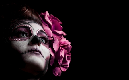 Sugar skull face - face, flower, pink, black, model, halloween, girl, dia de los muertos, sugar skull, woman