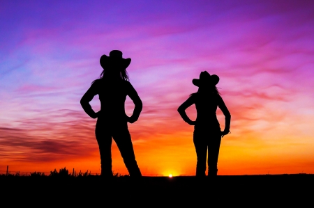 Sunset On The Range - clouds, cowgirls, range, Silhouettes, sunset, hats, sun