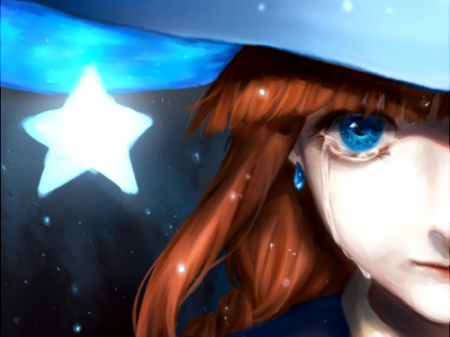 Tears - tears, redhead, hat, girl, night, eye, face, white, star, blue, anime, manga