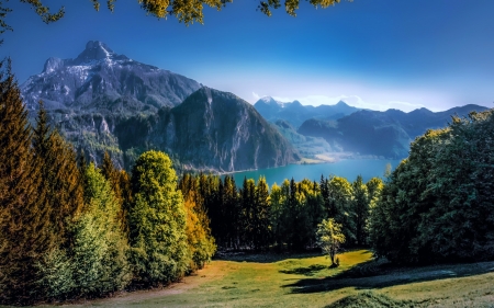 Early autumn in mountains - trees, hills, beautiful, landscape, forest, fall, autumn, view, lake, early, sky, rocks