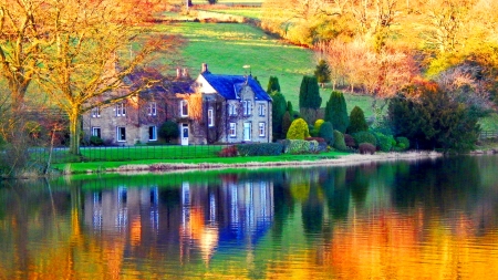 Autumn in countryside - season, autumn, lake, peaceful, countryside, colorful, foliage, serenity, fall, calmness, tranquil, mirror, beautiful, river, leaves, house