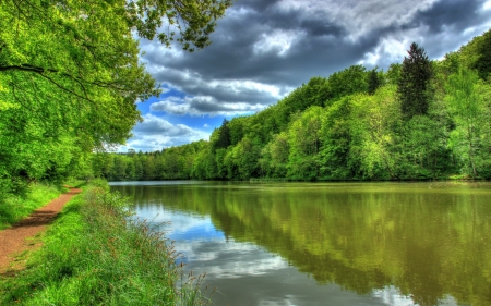 Reflecting Lake - clouds, trees, nature, green, lake, forest, reflection