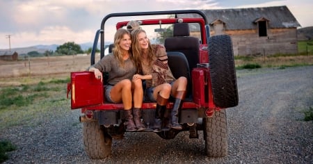 Cowgirls Flirt.. - women, girls, fun, models, female, cowgirl, jeeps, jeep, western, sisters, style, fashion, boots, outdoors, brunettes, blondes, ranch