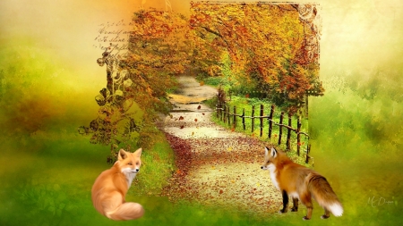 Fall Collage #19 - fall, fox, autumn, lane, collage, forest, fence, leaves