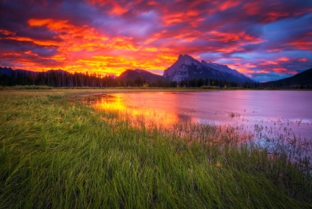 Sunset at Vermillion Lakes, Alberta, Canada - sky, reflection, clouds, colors, mountains