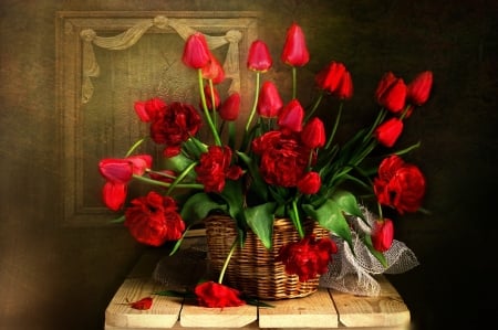 FLOWERS - basket, petals, tulips, abstract