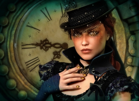 Time's up - woman, mystic, female, hat, black, fantasy, halloween, art, vintage, clock, style, lady, magical, graphics, fashion, gloves, young, beautiful, enchanted