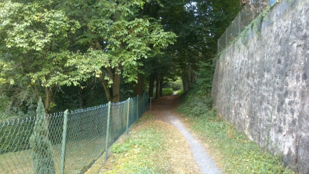 A Path, part II - Photograph, Fence, Leaf, Nature, Forrest, Way, Photography, Outside, Park, City Wall, Green, Photo, Trees, Leaves, Tree, Stone Wall, Leafs, Wall, Grass, Path, Grey, Stones, Snapshot