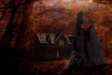 Spooky Night - house, trees, ghost, teddybear, autumn, forest