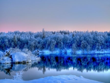 Sunset on the blue winter lake near the forest - Forest, Snow, Beautiful, Sky