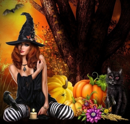 AUTUMN WITCH - PUMPKINS, CAT, WITCH, AUTUMN, COLORFUL