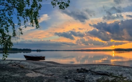 Boat on Sunset Lake - clouds, sunset, boat, lake, tree