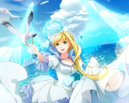 Heavenly Blue - angel, magic, anime girl, elegant, seagull, white, feather, beautiful, guardian angel, sweet, sea, dress, happy, nice, hug, beauty, sky, female, blond, water, fantasy, gorgeous, pretty, cloud, anime, scene, girl, gown, lovely, bird, blue, smile, blonde