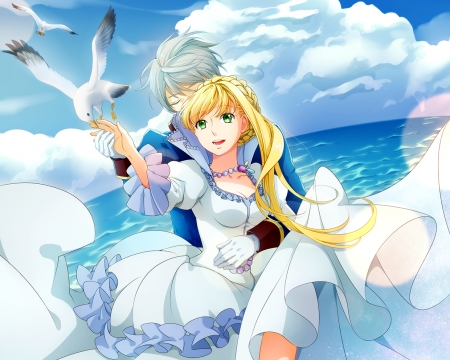 Heavenly Blue - pretty, magic, female, scene, angel, factasy, ene, happy, blond, nice, gown, beauty, feather, white, bird, anime, elegant, blue, dress, blonde, gorgeous, seagull, hug, sky, anime couple, anime girl, water, beautiful, sea, girl, lovely, sweet, fantasy, smile, cloud, couple