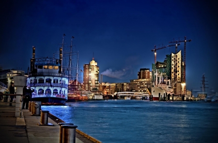 Hamburg Port in the Evening - river, germany, buildings, ship