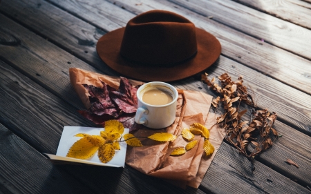 Autumnal mood - leaves, autumn, coffee, hat