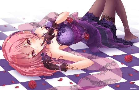 Glorious â˜… Glow - beauty, female, hot, anime girl, rose, elegant, floor, laying, gorgeous, purple, petals, anime, maiden, lady, sexy, girl, long hair, pink hair, gown, red, beautiful, blossom, dress, red rose, flower