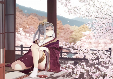 Blossom ..... - pretty, female, scenery, blossom, scene, japan, porch, balcony, nice, house, cherry blossom, beauty, kimono, sakura blossom, flower, petals, yukata, autumn, cute, japanese, anime, kawaii, cherry, long hair, home, oriental, anime girl, sakura, beautiful, girl, lovely, sweet, adorable