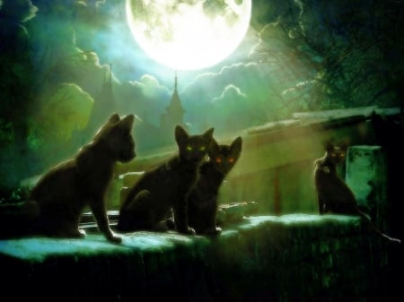 Watchers - witches, moon, black cats, magic, landscape, halloween, dark