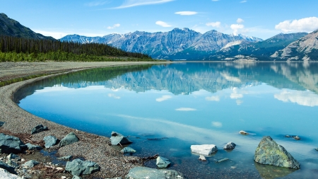 Yukon - beach, lake, water, rocks, wild, trails, yukon, sand, mountainous, territory