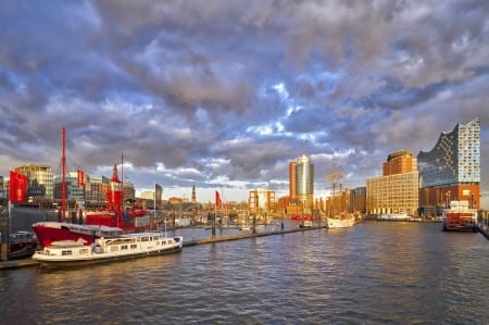 Morning in Hamburg - port, sky, ships, building, clouds, river