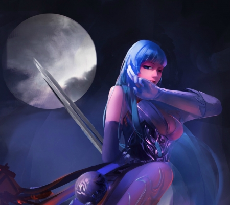 Lady Fighter - moon, sword, anime, woman