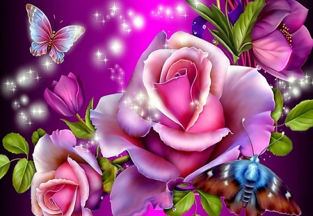 Flowers - butterfly, rose, flower, pink