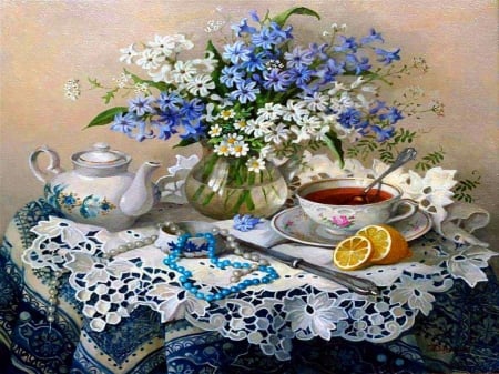 Drop in - flowers, table, tea, blue