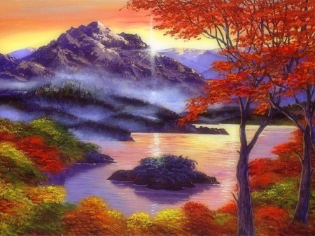 Mystic Lake's Fall - attractions in dreams, autumn, trees, mountains, nature, lakes, love four seasons, paintings, colors, sunrise, fall season