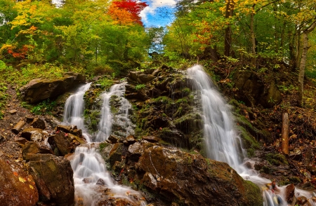 Autumn waterfall - autumn, fall, trees, cascades, beautiful, waterfall, rocks