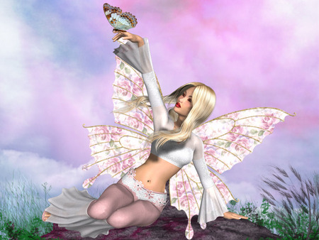 Candy Colored Sky - clouds, fantasy, wings, butterfly, fairy, pink, sky