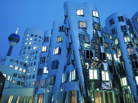 Dusk over Dusseldorf's Media Harbour - germany, modern, dusseldorf, dusk, building