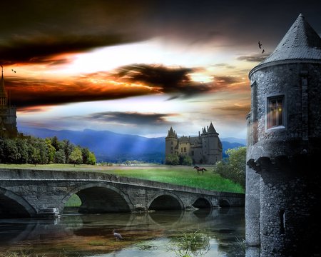 Mystic castle landscape - bridge, landscape, castle, river