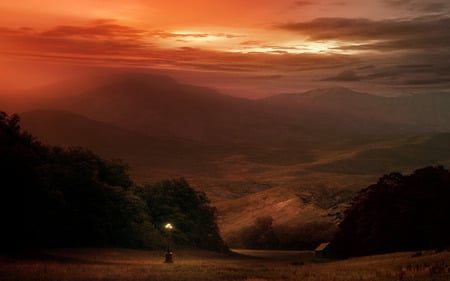 Sunset Landscape - sunset, scape, lamp post, fields, landscape, mountains