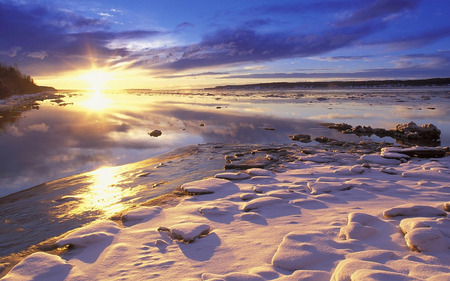 Winter Sunset - ice, sun, winter, sunset, white, nature, river, snow, blue, skies, sunrise