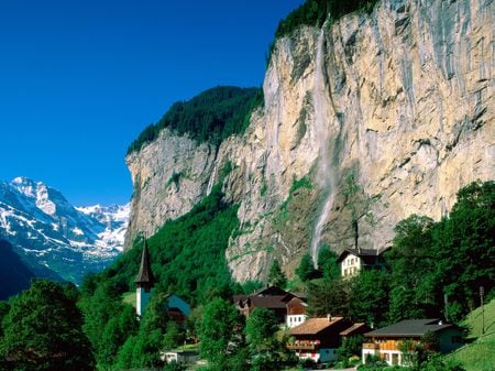 Lauterbrunnen-Switzerland - snowy, cliff, wallpaper, beautiful, amazing, switzerland, villages, europe paradise, foilage, breathtaking, nature, mountians, lush, mountains, snowtop, waterfall, towns, falls, town, peaks, houses, new, trees